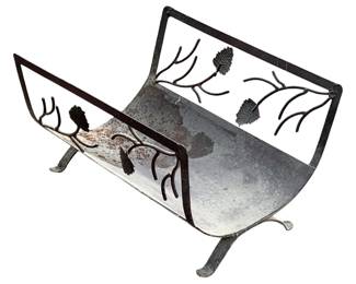 1079 - Metal Firewood Holder 11.5"x18"x14.5" (Description): Metal firewood holder featuring decorative pinecone and branch motif. Measures 11.5" x 18" x 14.5".