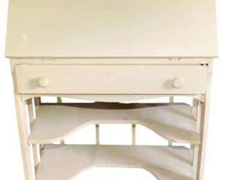 1118 - Painted Wood Desk 46.5"x27"x14" (Description): A painted wood desk featuring a slant-front design with a drop-down writing surface, single drawer with round knob pulls, and an open lower section with two shelves. The desk measures 46.5 inches tall by 27 inches wide by 14 inches deep.
