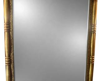 355 - Gold Framed Wood Mirror 45"x35" (Description): Gold framed wood mirror with beveled glass. The frame features a classical design with decorative corner blocks and turned column-style molding. Measures 45 inches by 35 inches.