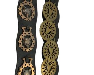 233 - 2 Antique Horse Brasses/Leather Martingale Straps (Description): 24"