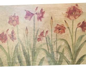 1023 - Signed Canvas Art 22.5"x33.75" (Description): Signed canvas art featuring a floral composition. The piece measures 22 1/2 inches by 33.75 inches.