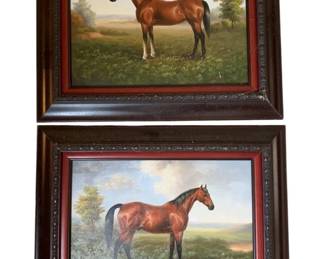 329 - Pair Framed Equestrian Art 18"x22" (Description): Each measures 18 inches by 22 inches and is presented in a dark wood frame with red matting and decorative carved outer border.