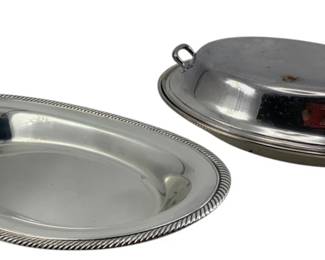 256 - Silverplate Group Lot (Description): A group lot of silverplate items including an oval dish with a decorative rope-twist edge and an oval covered serving dish with loop handles on the lid.