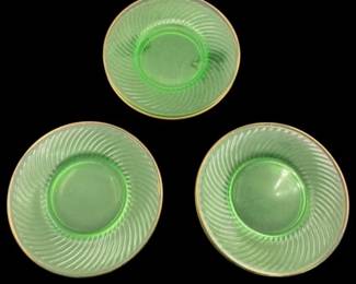 504 - 6 Uranium Glass Plates w/ Gold Trim - 8" Round