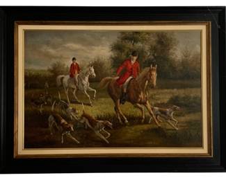 353 - Framed Hunting Scene Painting 33"x45" (Description): A framed painting depicting a traditional hunting scene. The artwork is presented in an elegant frame and measures 33 inches by 45 inches overall.