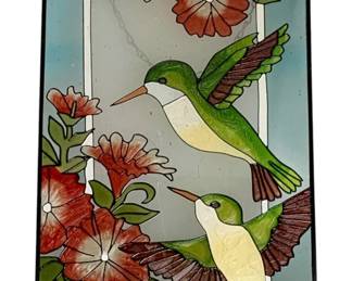 1053 - Bird Stained Glass Hanger 16"x10.5" (Description): Bird stained glass hanger featuring hummingbirds and floral design. Measures 16 inches by 10.5 inches.