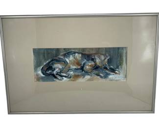 254 - Signed & Framed Watercolor of Cat (Description): A signed artwork depicting a cat. The piece appears to be executed in a watercolor style. The work is signed by the artist. Measures 13 inches by 20 inches framed.