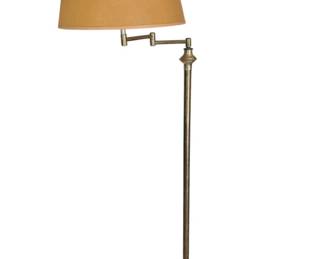 352 - Brass Floor Lamp w/ Shade 52" (Description): Brass floor lamp with shade. Features a swing arm design and circular base. Measures 52 inches in height. Used as-is electric/electronic/mechanical item. No guarantee all components present, untested if not otherwise stated.