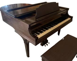 354 - Cable-Nelson Baby Grand Piano w/ Stool (Description): Cable-Nelson baby grand piano with accompanying stool. The piano features a classic design with elegant proportions suitable for home or studio use. Measures 38 inches high by 60 inches wide by 55 inches deep. Used as-is electric/electronic/mechanical item. No guarantee all components present, untested if not otherwise stated.