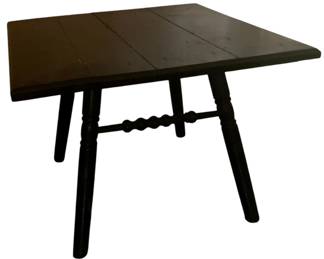 834 - Vintage Black Table on Turned Legs (Description): Black table with turned legs and a decorative bobbin-turned stretcher. Measures 18 inches by 24 inches by 24 inches.