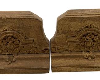 732 - Gold Color Bookends 5"x7"x3" (Description): Featuring ornate decorative relief designs. Each bookend measures 5 inches by 7 inches by 3 inches.