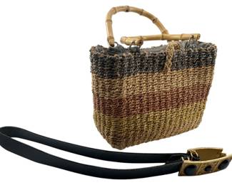 808 - Vintage Bag & Belt (Description): Vintage bag and belt set. The bag features a woven construction with bamboo handles, while the belt includes a decorative buckle. No measurements recorded.