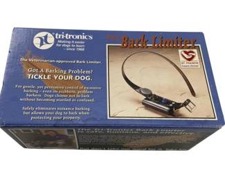690 - Tri-Tronics Bark Limiter (Description): Tri-Tronics Bark Limiter. This veterinarian-approved bark control collar is designed to safely eliminate nuisance barking while allowing your dog to bark when protecting your property. The device provides gentle yet persuasive control of excessive barking. Used as-is electric/electronic/mechanical item. No guarantee all components present, untested if not otherwise stated.
