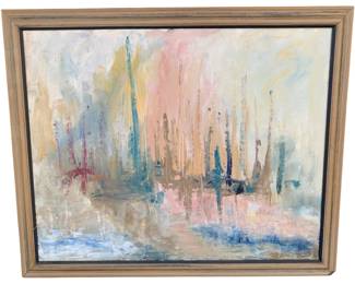 1012 - MCM Signed Artwork Oil on Board 28"x31" (Description): Mid-Century Modern signed artwork, oil on board. The piece is presented in a wooden frame with a dark inner border. Measures 28 inches by 31 inches.