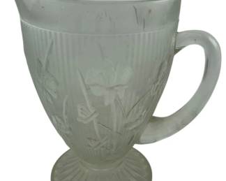 155 - Jeannette Glass Iris & Herringbone Footed Pitcher (Description): 9" tall