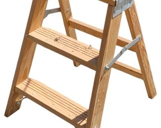 1093 - Step Ladder 28"x13" (Description): Wooden step ladder measuring 28 inches tall by 13 inches wide. Features three steps with metal corner brackets and hardware for stability.