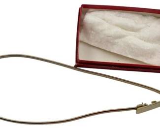 813 - Gay Boyer Belt (Description): Gay Boyer belt featuring a gold-tone snake chain design with a decorative clasp closure. Presented in original red presentation box.