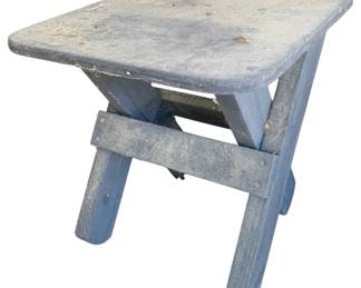 1002 - Black Wood Side Table 19"x17"x19" (Description): Black wood side table with a simple rustic construction. The table features angled legs connected by cross supports. Measures 19 inches by 17 inches by 19 inches.