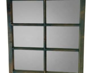 1102 - Window Pane Style Wall Mirror 32"x29.25" (Description): A decorative wall mirror featuring a window pane design with six individual mirrored panels set within a wooden frame. The frame has a dark, aged finish. Measures 32 inches by 29.25 inches.