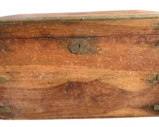 1013 - Wooden Lift Top Box w/Brass Trim 14"x23"x13" (Description): Wooden lift top box featuring brass trim accents. The box has brass corner reinforcements and a central keyhole escutcheon. Measures 14 inches by 23 inches by 13 inches.