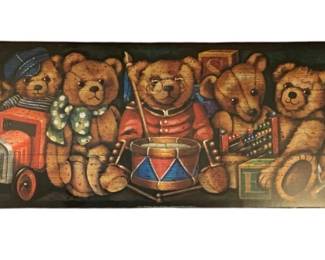 747 - Wooden Hanger w/ Bears 13"x44" (Description): Features a decorative panel with painted teddy bears and vintage toys.