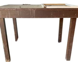 1001 - Wood Table 24"x35.5"x20.5" (Description): A rustic wood table with weathered painted finish. Measures 24 inches by 35.5 inches by 20.5 inches.