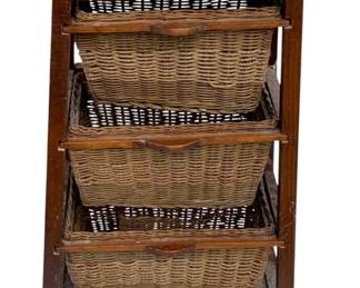 1067 - 3 Drawer Stand w/ Wicker Baskets 30"x16"x10" (Description): Three drawer stand featuring wicker basket drawers and a woven top. The wooden frame provides sturdy support for the pull-out wicker storage baskets. Measures 30 inches tall by 16 inches wide by 10 inches deep.