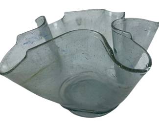 328 - Handkerchief Glass Bowl 6"x11" (Description): A handkerchief-style glass bowl featuring a distinctive ruffled, free-form edge with an organic wavy shape. The bowl measures 6 inches by 11 inches.