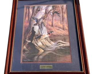 1146 - Woods n' Water by Hayden Lambson #1739/3500 (Description): Hayden Johnson limited edition print, numbered 739/3500. The piece is professionally framed and matted. Measures 26 inches by 34 inches.