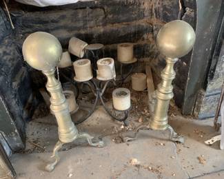 325 - Pair Brass Andirons & Candle Holder (Description): Andirons & Candlestick
