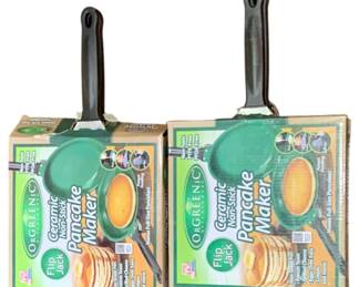1103 - 2 Pc. Orgreenic Ceramic Pancake Makers (Description): Two piece lot of Orgreenic Ceramic Non-Stick Pancake Makers, also known as Flip Jack pans. Both are new in original packaging. These double-sided pans feature ceramic non-stick coating and are designed to make full-size pancakes with an easy flip design.