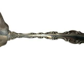 2021 - Gorham Sterling Strasbourg Ladle 78g (Description): Gorham sterling silver ladle featuring an ornate scrollwork handle design and scalloped bowl. Measures 7 inches