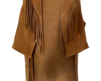 706 - Leather Outfit with Fringe Detail (Description): Leather outfit featuring fringe detailing. The set includes a vest and skirt, both crafted from tan suede leather with decorative fringe trim throughout.