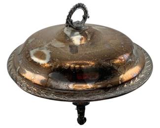 269 - Spring Flower by Wm Rogers Silverplate Dish (Description): Silverplate covered dish in the Spring Flower pattern. Features a decorative rope-twist handle on the domed lid and ornate rim detailing. The piece stands on footed legs. Measures 7" x 10".