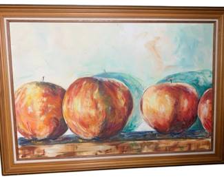 789 - Oil on Canvas Still Life Painting 29"x41" (Description): Oil on canvas painting depicting a still life scene. The work is presented in a wooden frame with a linen liner. Measures 29 inches by 41 inches.