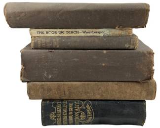 865 - Group Lot of 6 Antique Books (Description): A group lot of six antique books. The collection features various hardcover volumes with aged cloth and leather bindings showing wear consistent with their age. Titles include works on teaching and an English pronouncing dictionary among others.