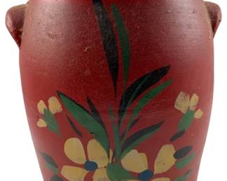 96 - Red Hand Painted Stoneware Crock/Cookie Jar w/lid (Description): 10 x 8