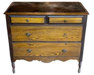 1116 - Antique Wood 2 Over 2 Chest 35"x38"x21" (Description): Antique wood chest featuring a two over two drawer configuration. The piece showcases contrasting wood tones with lighter drawer fronts set against a darker frame. Original hardware and turned feet complete this classic storage piece. Measures 35 inches high by 38 inches wide by 21 inches deep.