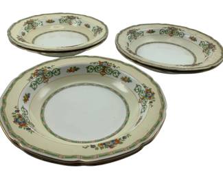 292 - 6 English Grindley Bowls 8" (Description): A set of six Grindley bowls featuring a decorative floral pattern with green accents along the border. Each bowl measures 8 inches in diameter.