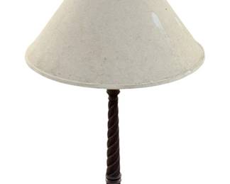 1083 - Wood Lamp 34" (Description): A wood lamp measuring 34 inches in height. Features a turned wooden base with a twisted column design and includes a conical fabric shade. Used as-is electric/electronic/mechanical item. No guarantee all components present, untested if not otherwise stated.