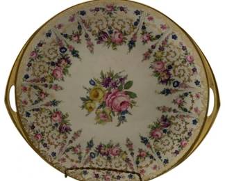 267 - Rosenthal Santa Rosa Ivory Platter 10" (Description): Features a floral design with gold accents and gilt handles. Measures 10 inches in diameter.