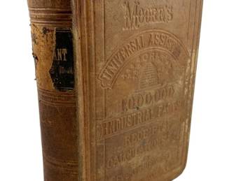 861 - Moore's Universal Assistant Book (Description): Moore's Universal Assistant, a comprehensive Victorian-era reference volume containing industrial facts, receipts, calculations, and practical information for every business. The book features an embossed leather binding with decorative cover design.
