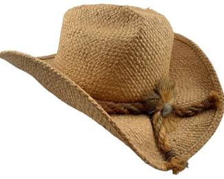 815 - Shady Brady Medium Hat (Description): Shady Brady medium hat. This woven straw cowboy-style hat features a decorative braided band with natural fiber accents.