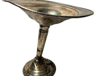 2038 - Sterling Weighted Compote Bent 6"x5.5" (Description): Sterling weighted compote featuring a flared bowl on a pedestal base. The piece measures 6 inches by 5.5 inches. 188g