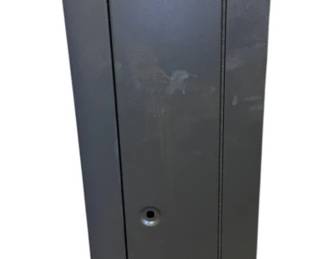 669 - Grey Locking Cabinet Missing Lock (Description): Grey locking cabinet, currently missing the lock entirely. Measures 56 inches tall by 11 inches wide by 10 inches deep.