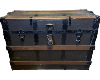 673 - Antique Trunk w/ Insert 26"x30"x22" (Description): Antique trunk with insert. Features wooden slat construction with metal hardware and banding. Measures 26 inches by 30 inches by 22 inches.