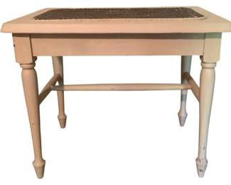 758 - Painted White Stool 18"x22"x15" (Description): Painted white stool featuring a cane inset top and turned legs with stretcher base. Measures 18 inches by 22 inches by 15 inches.