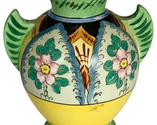 1048 - Handpainted TWNC Japan Vase 8" tall (Description): Handpainted TWNC vase featuring colorful floral decoration with wing-like handles. Measures 8 inches tall.