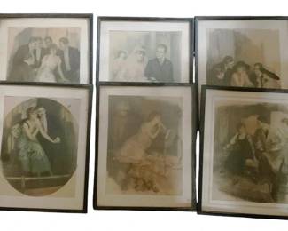 814 - 6 Framed Pictures 15"x12" (Description): A collection of six framed pictures. Each measures 15 inches by 12 inches. The prints appear to depict various figural scenes and are housed in matching dark frames with matting.
