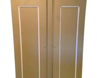 744 - Painted Wardrobe 75"x51"x20" (Description): Painted wardrobe featuring a two-door design with paneled doors and crown molding detail at the top. The piece has bracket feet and a neutral painted finish with contrasting white trim accents on the door panels. Measures 75 inches high by 51 inches wide by 20 inches deep.